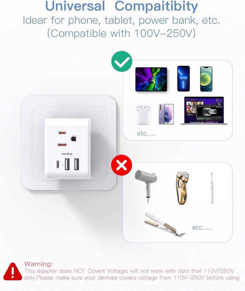 One Beat 2 Pack US to Japan Plug Adapter, 2 Prong to 3 Prong Outlet Adapter with 3 AC Outlets 3 USB Ports(1 USB C), Type A Travel Power Converter Plug Adaptor for USA to Japanese Canada Mexico Philippines Peru - Image 5